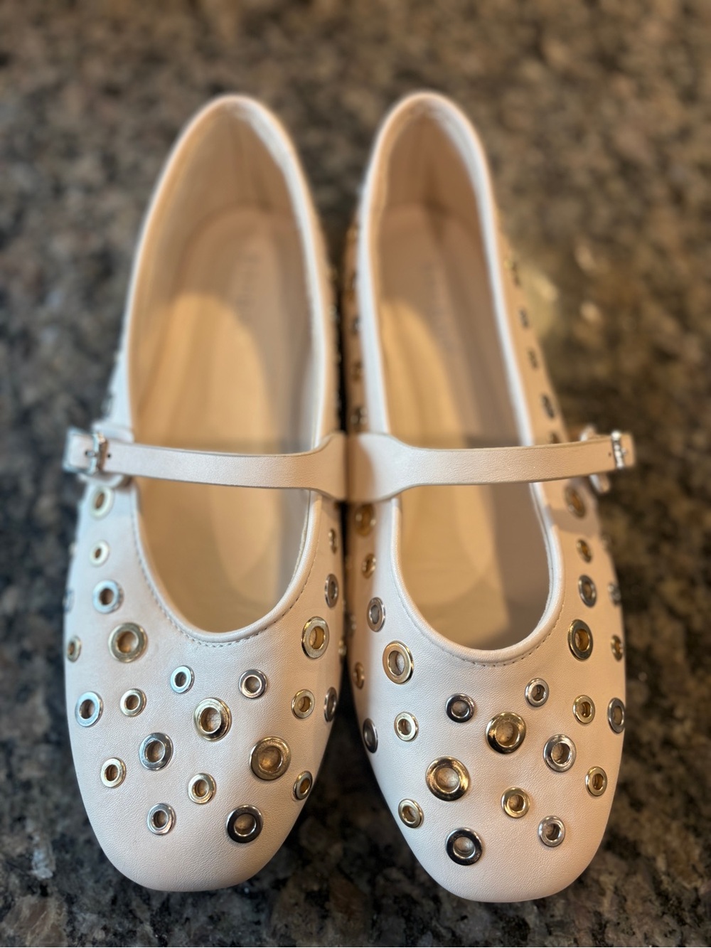 Bamboo Ivory Mary Jane Flats with Metallic Eyelet Studs